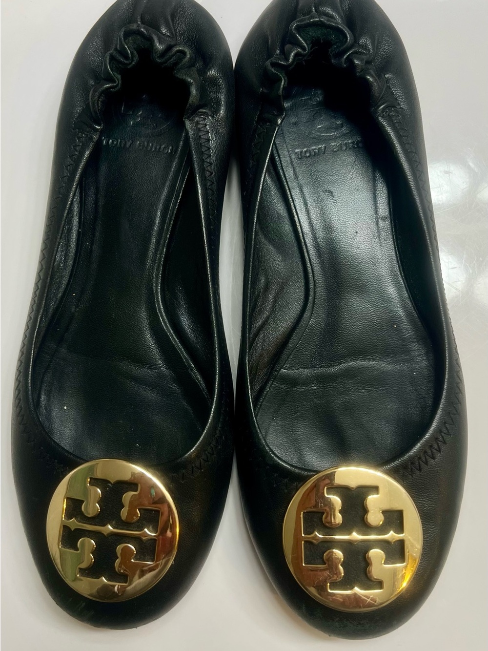 Tory Burch Black Leather Ballet Flats with Gold Logo Medallion